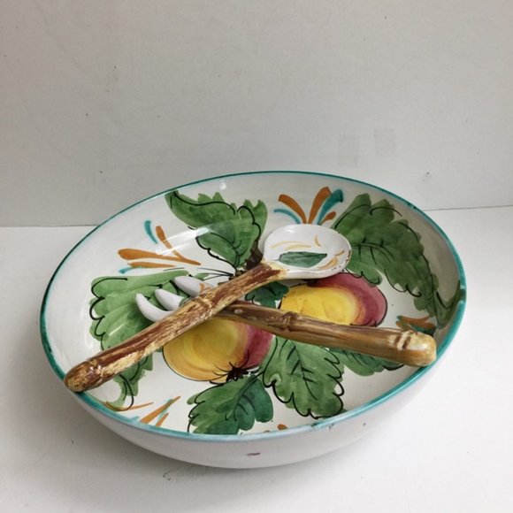 Mid Century Salad Bowl 11 1/2" + Serving Spoon & Fork Ceramic Italy 1954 Vintage - Picture 2 of 11
